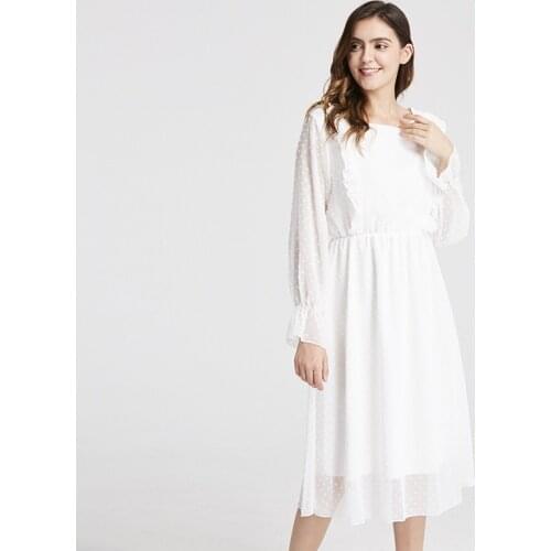 TongLord Ruffles Polka Dot Women Chiffon Dress Elastic Waist Flare Sleeve Female Long Vestidos Retro A-line Women Dress 2020