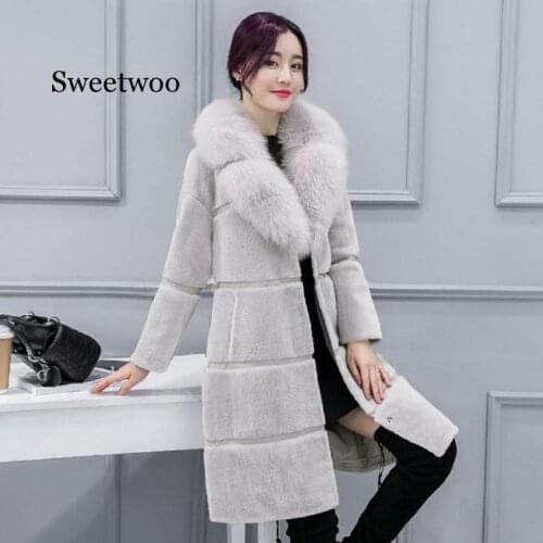 Winter new womens faux fur coat warm sheep shears jacket imitation fox fur collar coat oversize outwear