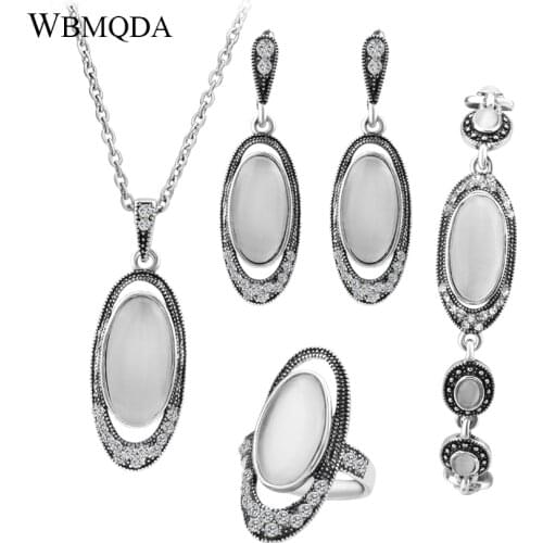 4 Pcs/lot Vintage Opal Wedding Jewellery Sets For Women Crystal Silver Colour Ring Necklace Bracelet Earrings Minimalist Jewelry