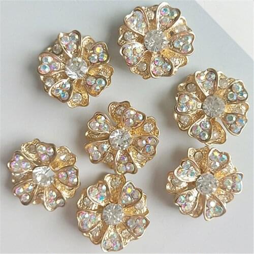 5pcs/lot 25mm*25mm Alloy Flower Rhinestone Buttons Flatback for Craft Wedding Invitation Card DIY Girl Hair Bowknot Metal Button