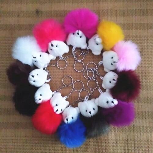 12 pcs/lot 18 Color Fake Rabbit Fox Fur 6cm pompon Keychain Bear Head Keyring 3D Keychain Charms Pompom Key rings