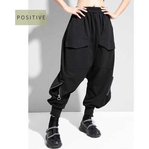 European and American street shuffle hip hop crotch pants 2021 spring dress dark black stitching zipper pocket small leg Harem P