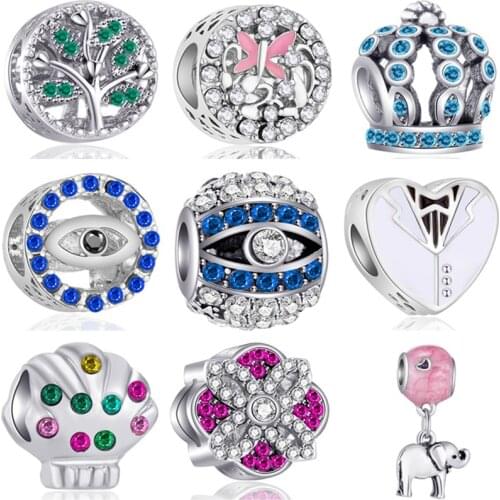 Btuamb High Quality Crystal Wing Crown Evil Eyes Butterfly Owl Elephant Fish Tail Bead Fit Pandora Charms for Women DIY Jewelry