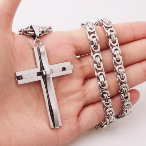 Goth Boys Men Silver 316L Stainless Steel Crucifix Cross Pendant Necklace for Women 6mm Byzantine Chain Friends Jewelry Gift