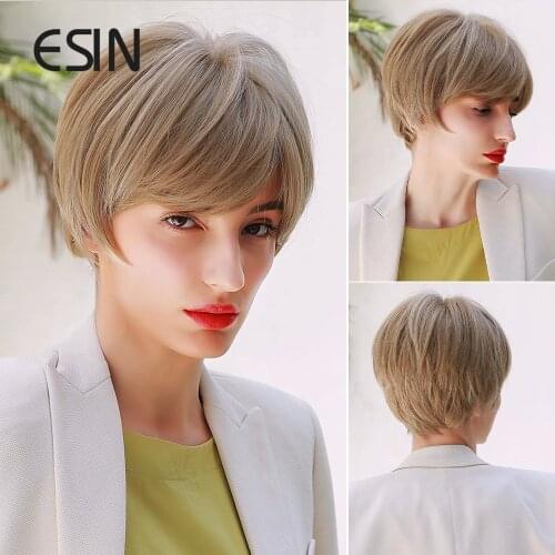 Inhaircube 8" Short Straight Wig Ombre Grey Blonde Hair Layered Synthetic Wigs for Women Pixie Cut Free Hairnets 5 Colors
