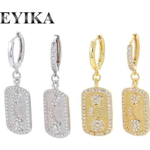 EYIKA Luxury Star Moon Big Square Pendant Drop Earrings Fill White Zircon Aretes De Aro Gold Silver Color Mature Women Jewelry