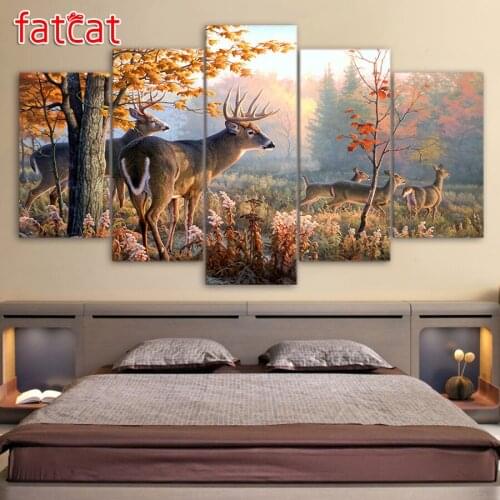 FATCAT 5 Panel Forest Deer Landscape Animals Diy Diamond Painting Full Square Round Drill Diamond Embroidery Sale Decor AE925