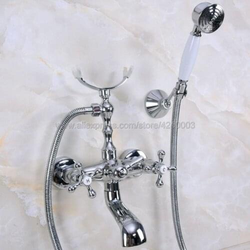 Chrome Polished Wall Mounted Bathtub Mixer Faucet Double Handle Tub Water Taps With Ceramic Handshower Kna229