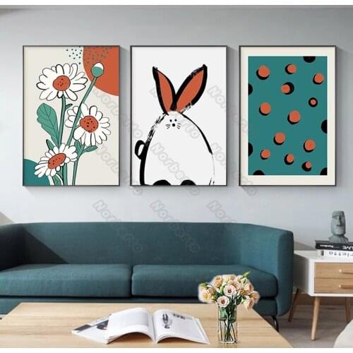 Cute Cartoon Rabbit and Little Flowers with Yellow Green Colors Modern Style Canvas Painting Poster for Home Rooms Wall Decorat