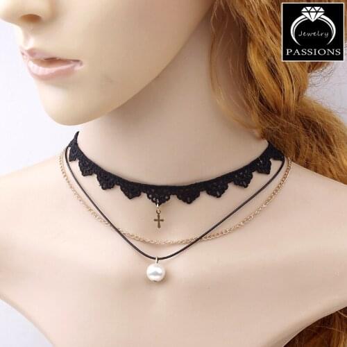 Fashion Vintage Look Jewelry Choker Necklace Simulated Pendent Necklace Multilayers Short Lace Choker Necklace For Women&Girl