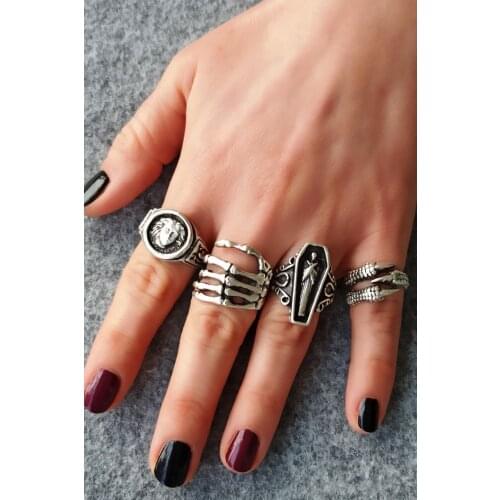 Antique Silver Plated Medusa - Skeleton - Mummy - Claw Shaped Adjustable Ring Set