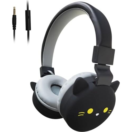 Cool Black Cat Headphones Kids Gaming Wired Headphone Travel Music Stereo Headset Earphones For Computer Mobile Phone MP3 Gifts