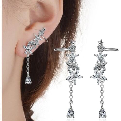 Elegant 5A Zirconia Ear Cuff Clip Earrings With Piercing CZ Crystal Pendants Long Earrings Wedding Party Jewelry Gifts for Women