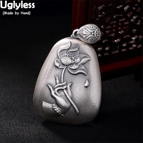 Uglyless Buddha Hand Lotus Water Drop Pendants for Women Real 99.9% Full Silver Heart Sutra Necklaces NO Chains Buddhism Gifts