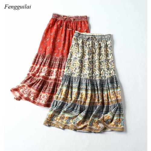 Summer Retro Chic Hippie Womens Printed High Elastic Waist Beach Bohemian Skirt Ladies Mid-Length A-Line Bohemian Skirt