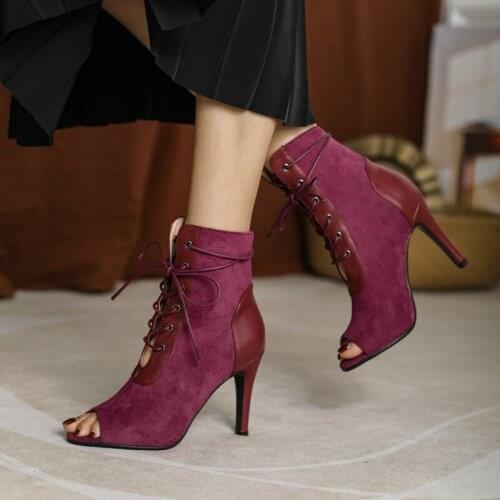 2021 Faux Suede Summer Women Ankle Boots Fashion Peep Toe Thin High Heel Womans Shoes Cross Tied Dress Boots for Women Big Size
