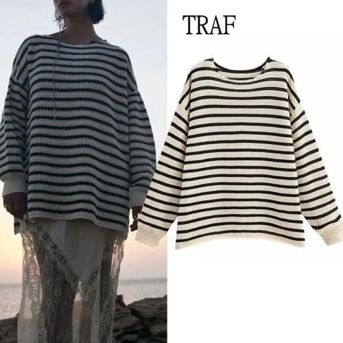 TRAF Za 2021 Stripe Knitted Sweater Women Oversized Pullovers Women Loose Plus Size Women Clothing Long Sleeve Vintage Sweater