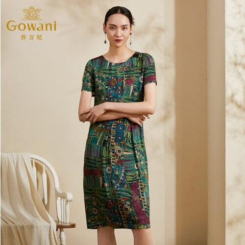 Gowani summer ethnic printed satin 100%silk short sleeve A-line dress