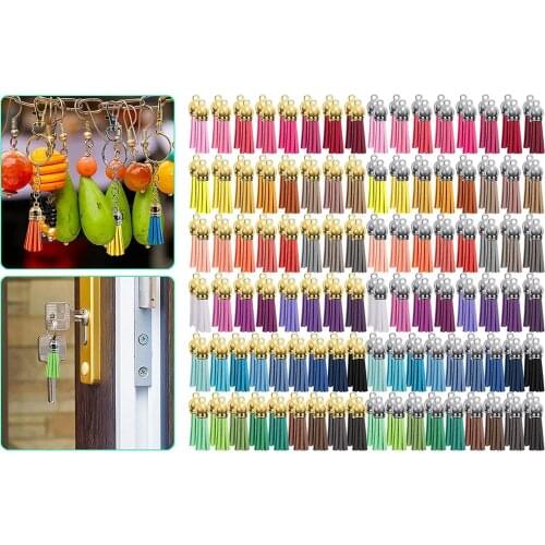 200Pcs Leather Keychain Tassel Pendants Jewelry Making Fringe Faux Suede Tassel with Caps for Key Chain Straps DIY Accessories