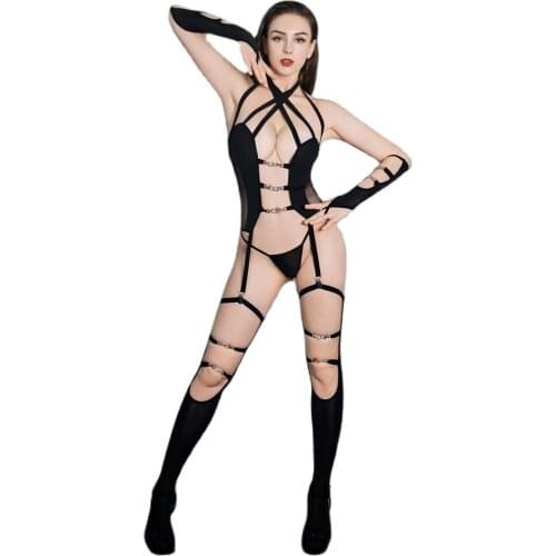 Hollow Out Bandage Erotic Lingerie Exotic Body Suit Hot Sexy See Through Transparent Tights Babydoll Pole Dance Night Clubwear