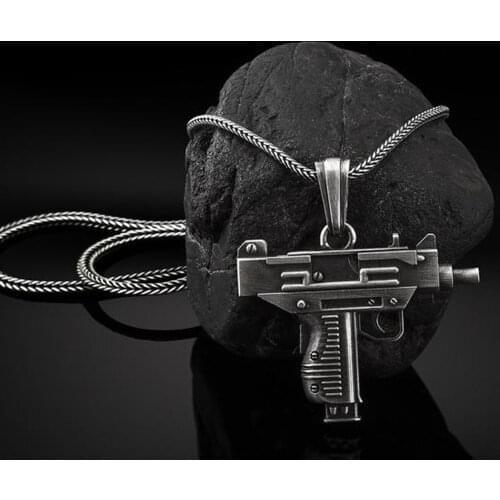 Uzi submachine gun Pure tin personality pendant necklace mens retro style hot sale sweater chain necklaces for women