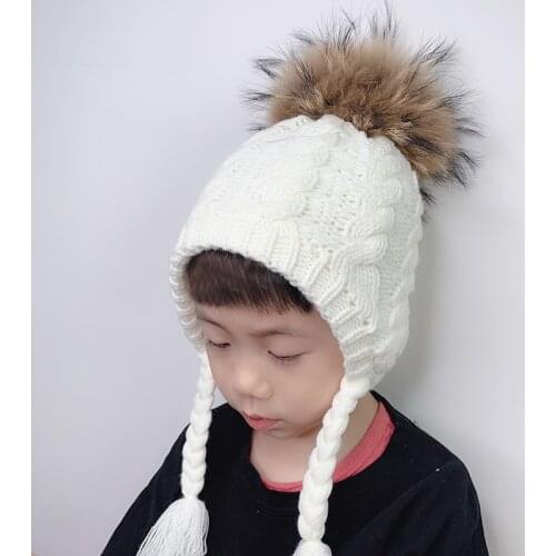 Kids Beanie Baby Real Fur Pompom Hat Earflap Skullies Fleece Inside Twist Knitted Winter Cap For Girls Boys