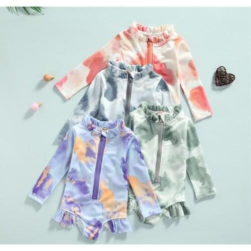 Children Tie-dye Swimsuit Girls Long Sleeve O-neck Zip-up Swimwear with Ruffles Kids Girl Clothes