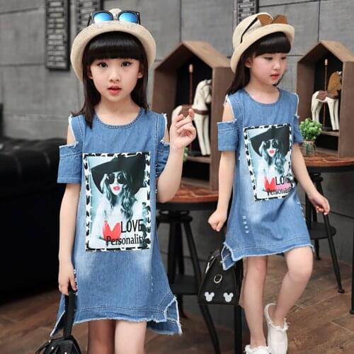 Dress Cotton Applique Girls Childrens Denim Dress Summer Children Dresses for Short sleeve Kids Girls Clothes
