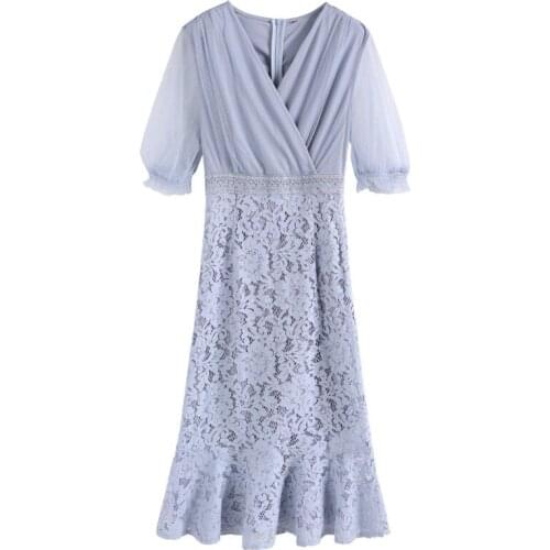 2021 Spring Fall Summer Luxurious Lace Elegant Vestidos Pastel Trendy Splicing Net Yarn Formal Plus Size Dress Women Ukraine