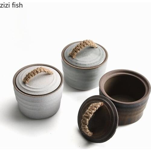 Stoneware Tea Caddy Hemp Rope Handle Tea Can Sealed Jar Ceramic Storage Tank Tea Box Food Container Tea Organizer Decorative Jar