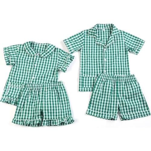 Boutique Summer Pajamas Short Sleeve Green Plaid Siblings Match Kids Clothes Boys And Girls Pyjamas