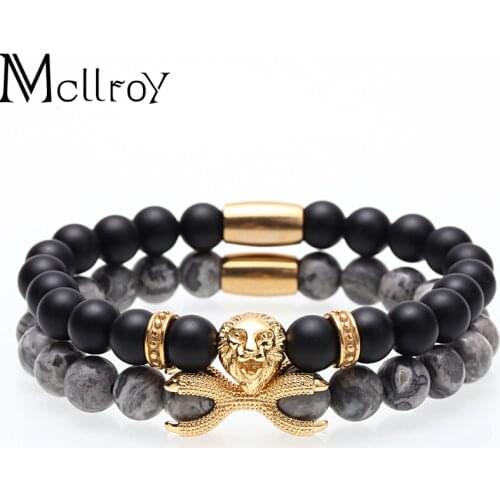 Mcllroy charms bracelet/men/women/luxury/stone beads/stainless steel lion bracelets bangles set trendy handmade couple jewelry