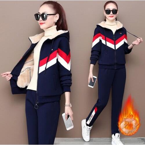 Fashion Warm Fleece Sweatsuit 2 Piece Set Women Outfit Winter Thicken Zipper Hooded Coats Plus Size Pant Suit Casual Tracksuit