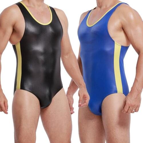 Men Bodysuits Patchwork Faux Leather Jumpsuits Sexy Wrestling Singlets Strecth Gay Underwears Jockstrap Tanks Gay Clubwear