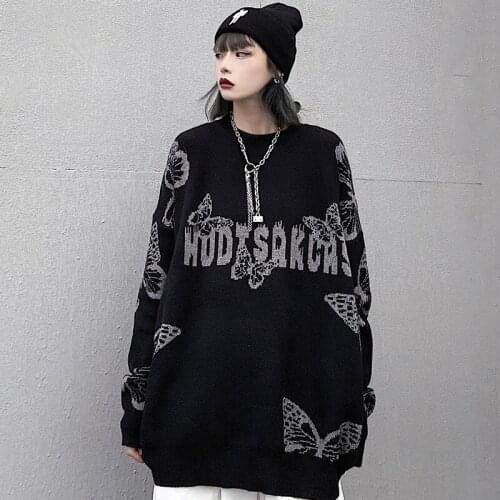 New Autumn Sweater Women Streetwear Sweater Cute Butterfly Sweater Harajuku Cartoon Sweater Loose Round Neck Knit Man Sweater