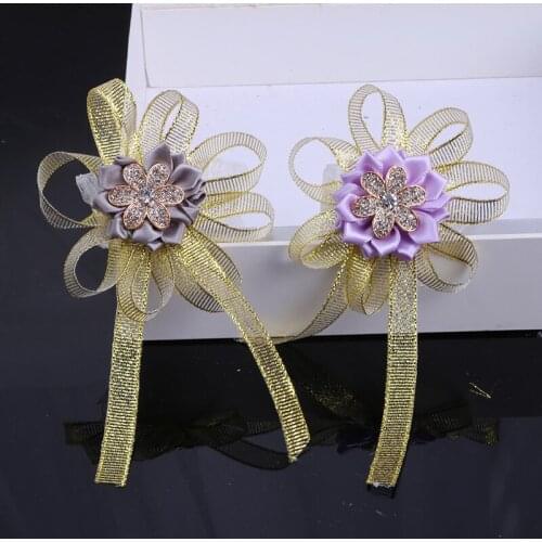 Promotional Bridal Wrist Flower Mens Corsage Golden Ribbon Handmade Brooch Elastic Bracelet Business Wedding Props T061