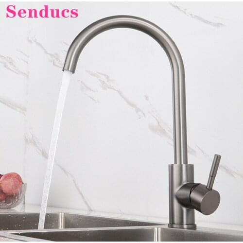 Gray Kitchen Mixer Tap Senducs 304 Stainless Steel Leadfree Kitchen Sink Faucet Deck Mounted Single Handle Grey Kitchen Faucets