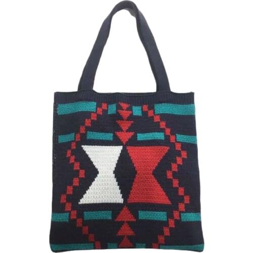Female Aztec Knitting Top-handle Tote Bag Women Casual Bohemina Gypsy Hippie Hobo Chic Crochet Soft Woolen Daily Open Handbag