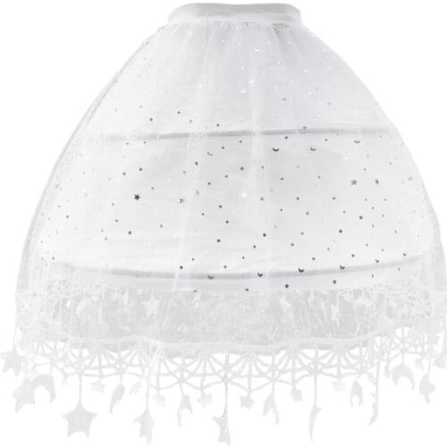 L93F Women Lolita White Tulle Petticoat Skirt Sweet Moon Star Fringe Tassel Hem Adjustable 2 Hoops Underskirt Elastic Waist Prom