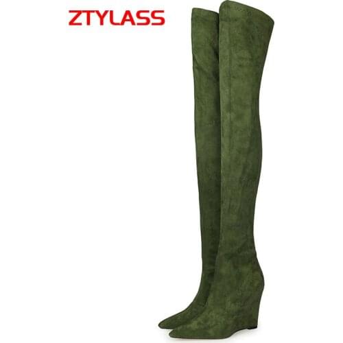 2021 Women Boots Stretch Over The Knee Boots Fashion Wedges High Heel Long Boots Slip On Pointed Tpe Autumn Winter Shoes