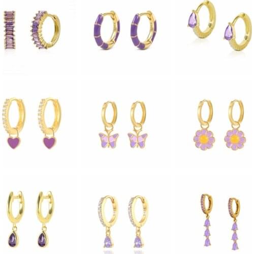 AIDE S925 Sterling Silver Purple Zircon Boho Hanging Earrings For Women Crystal Jewelry Enamel Piercing Earings Gift Aros Colore