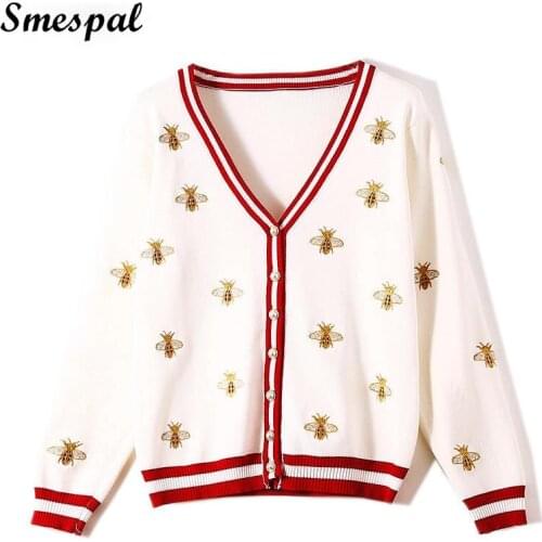 Women Spring Knit Cardigan Ladies Sweet Knit Sweaters In Litter Bee Embroidery