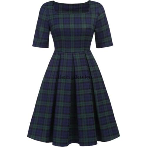 Green Gingham Vintage Dress Women Half Sleeve Square Neck Spring Moda Mujer 2020 Elegant Plaid Retro A Line Dress Woman Clothes