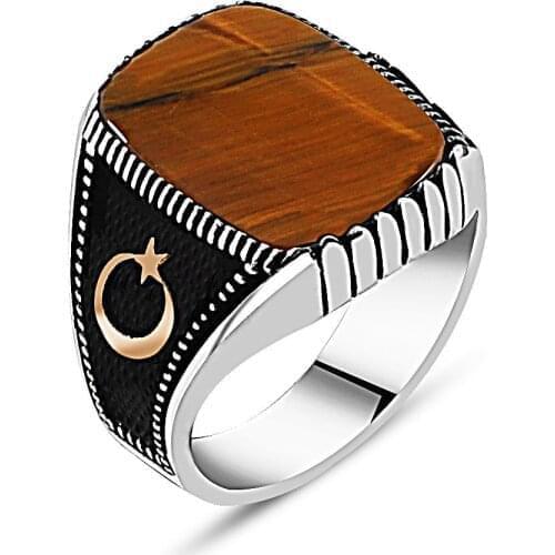 925 sterling Silver Moon Star Embroidered Tiger 'S Eye Ring