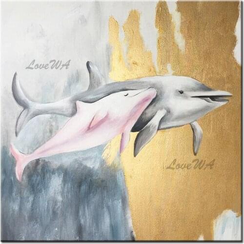 The Dolphins Hand-painted Abstract Oil Painting on Canvas Yellow Pictures Colors Abstract Oil Painting for Living Room Unframed