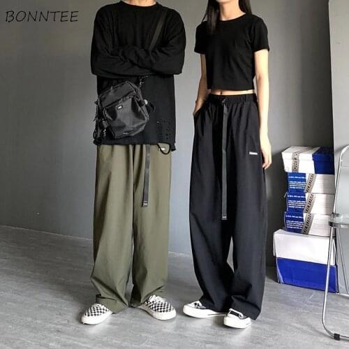 Casual Pants Women Korean Style Summer Straight HIGH Waist Simple Basic Pockets Full Length Cozy Preppy LOOSE Retro Fashion Ins