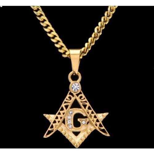 WholeSale 20pcs/lot Stainless Stell Freemason Masonic Freemasonry Pendant Necklace + 60cm Necklace Chains Golden Crystal Pendant