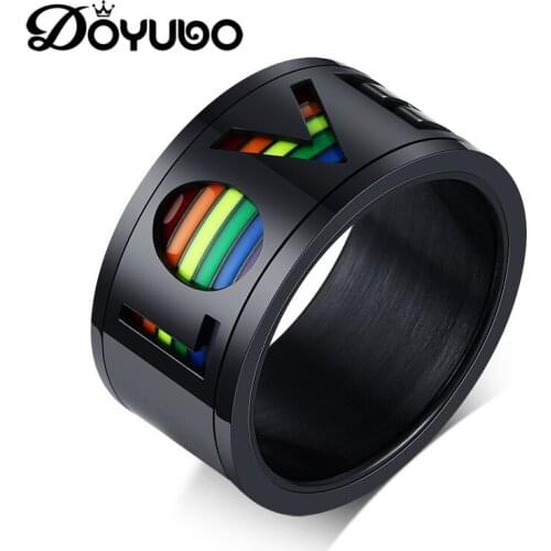 DOYUBO Spinner Mens Black Stainless Steel Rainbow Enamel Ring Accessories Romantic LOVE Finger Ring Couples Fine Jewelry DA105
