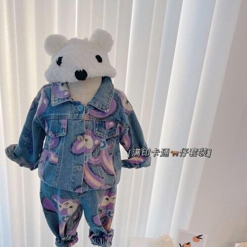 Cartoon Childrens Clothing Sets For Girls And Boys Denim Autumn Fashion Baby Coat+Jeans 1-6Y New Korean Cowboy Two-piece Set