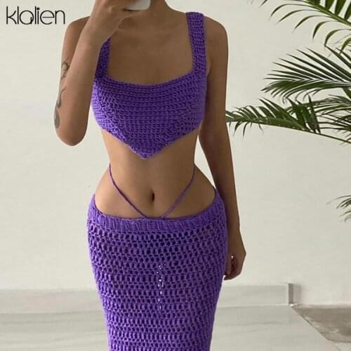 KLALIEN Fashion Sexy Solid Knit Hollow Out Tank Top and Long Skirt Two Piece Set For Women Casual Clubwear Female Y2K Beach Wear